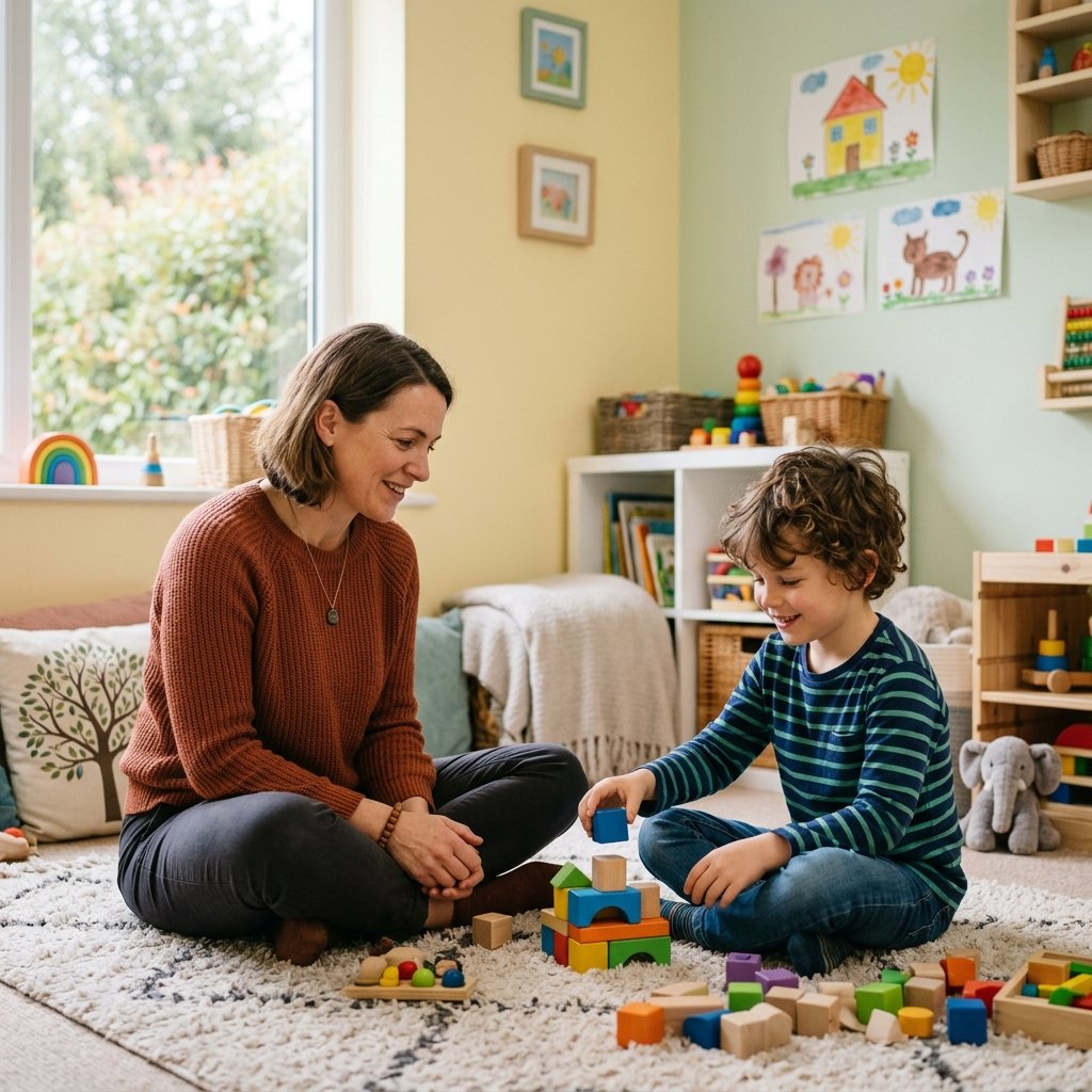 Caring child psychologist in a warm play therapy session with a young child