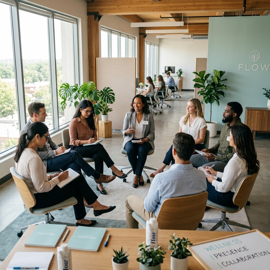 Corporate wellness workshop with diverse team of professionals